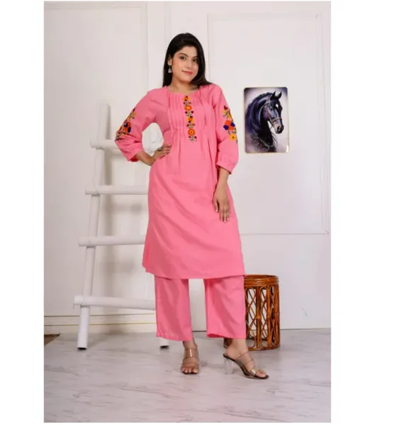 Bisesh Creation Peach Handwoven Embroidery Kurti Pant Set For Women